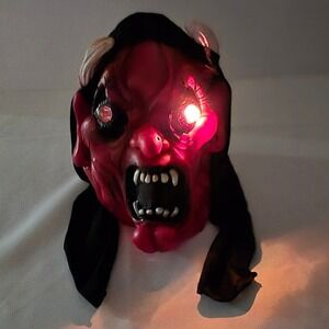 Vtg 90s Halloween Devil Demon‎ Mask Light Up Eyes Works Latex Hood Battery Op